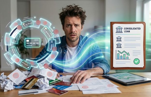 Borç transfer kredisi ile dağınık kredi kartı borçlarının tek kredide birleştirilmesini gösteren finansal grafik