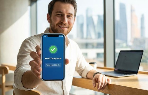 Akıllı telefonda gelir belgesiz kredi onayı gösteren dijital bankacılık ekranı.