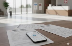 2026 yılında Türkiye’de tamamlayıcı sağlık sigortası ve özel sağlık sigortası karşılaştırmasını temsil eden özel hastane ortamı ve sigorta belgeleri