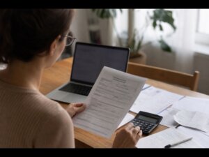 Bütçesine uygun kredi seçeneğini evrak ve hesap makinesiyle değerlendiren kişi