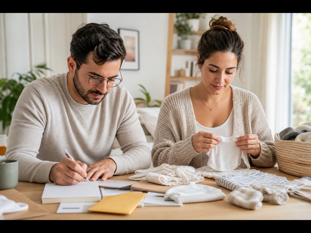 Futurs parents préparant le budget et les vêtements de leur bébé