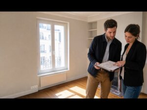 Acheteur et conseillère examinant les plans d’un premier investissement locatif